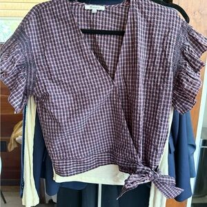 Madewell Navy and Pink Checkered Wrap Blouse